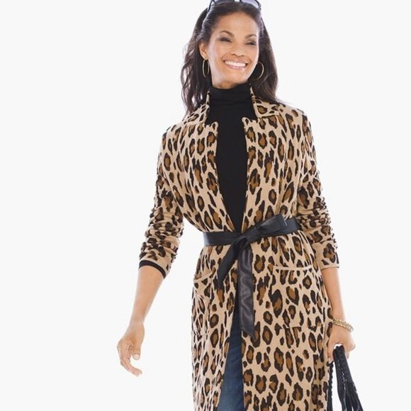 Chico’s Belted Animal Jacquard Mabel Cardigan Size 3 - Picture 2 of 12